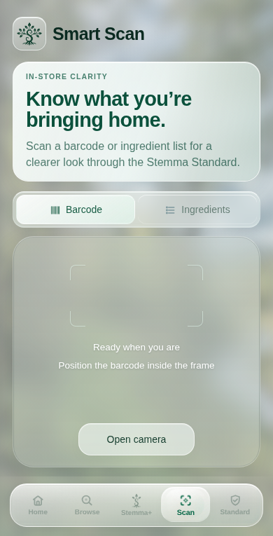 Stemma scanner preview with barcode and ingredient capture options